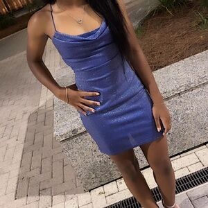 Ruda Spaghetti Strap Backless Blue Glitter Dress